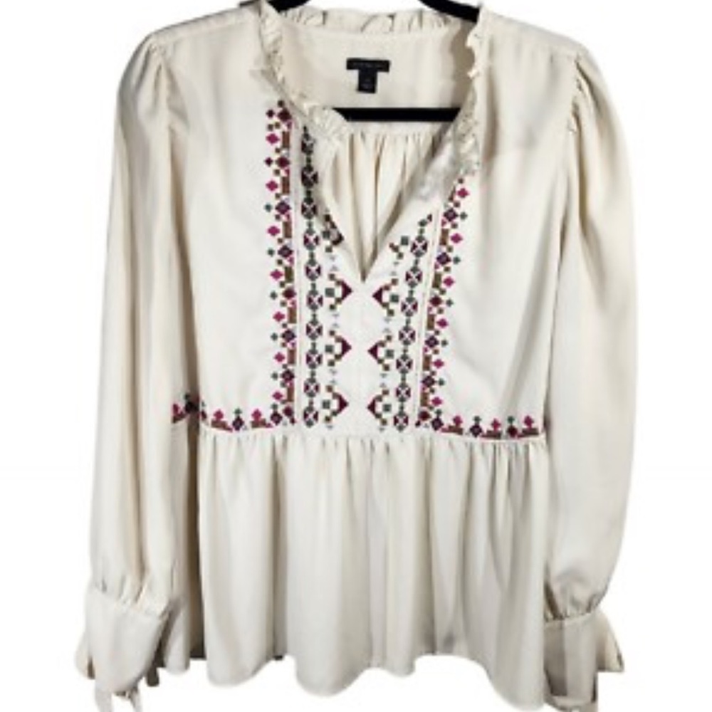 Ann Taylor Cream Blouse with Pink Embroidery, size XL, bows, puff sleeve, dainty